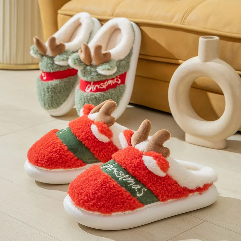 New 2025 Thick Sole Christmas Deer Slippers Women Men Indoor Warm Slipper Soft Plush Home Floor Lovers Winter Platform Shoes