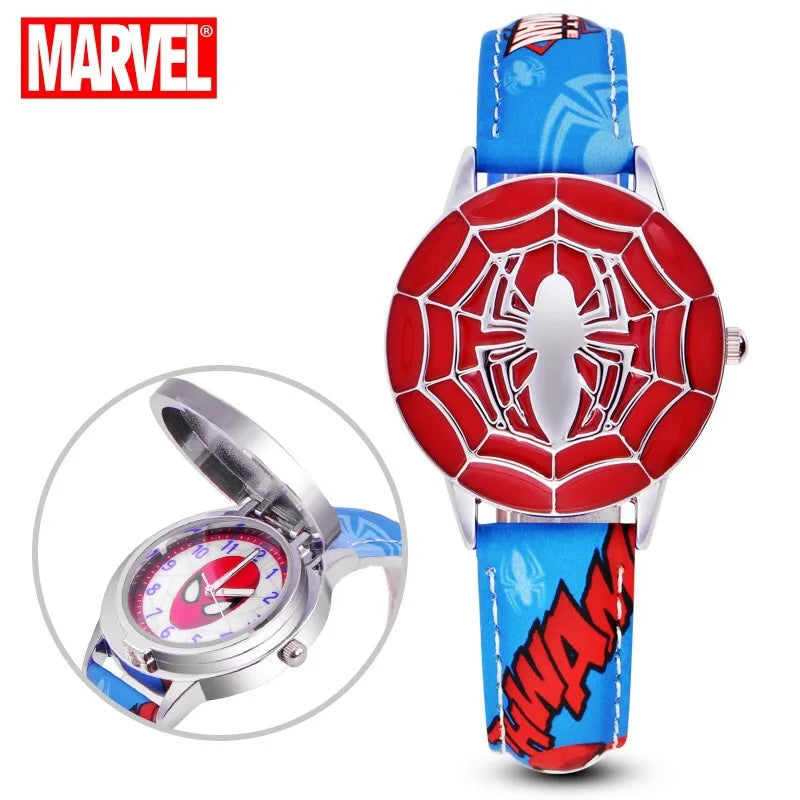Marvel spiderman Kids watch Captain America ironman children's watches Leather Quartz Flip Metal Case Watches Boys Clock gifts