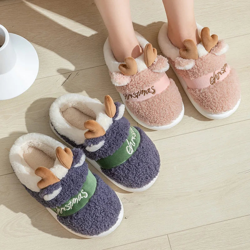 New 2025 Thick Sole Christmas Deer Slippers Women Men Indoor Warm Slipper Soft Plush Home Floor Lovers Winter Platform Shoes