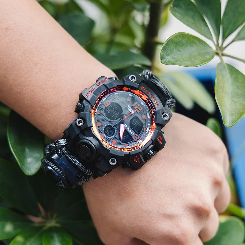 SHIYUNME Outdoor Men Military Quartz Watch Waterproof Multifunctional Survival Tactical Watch Compass Sport LED Digital Watches