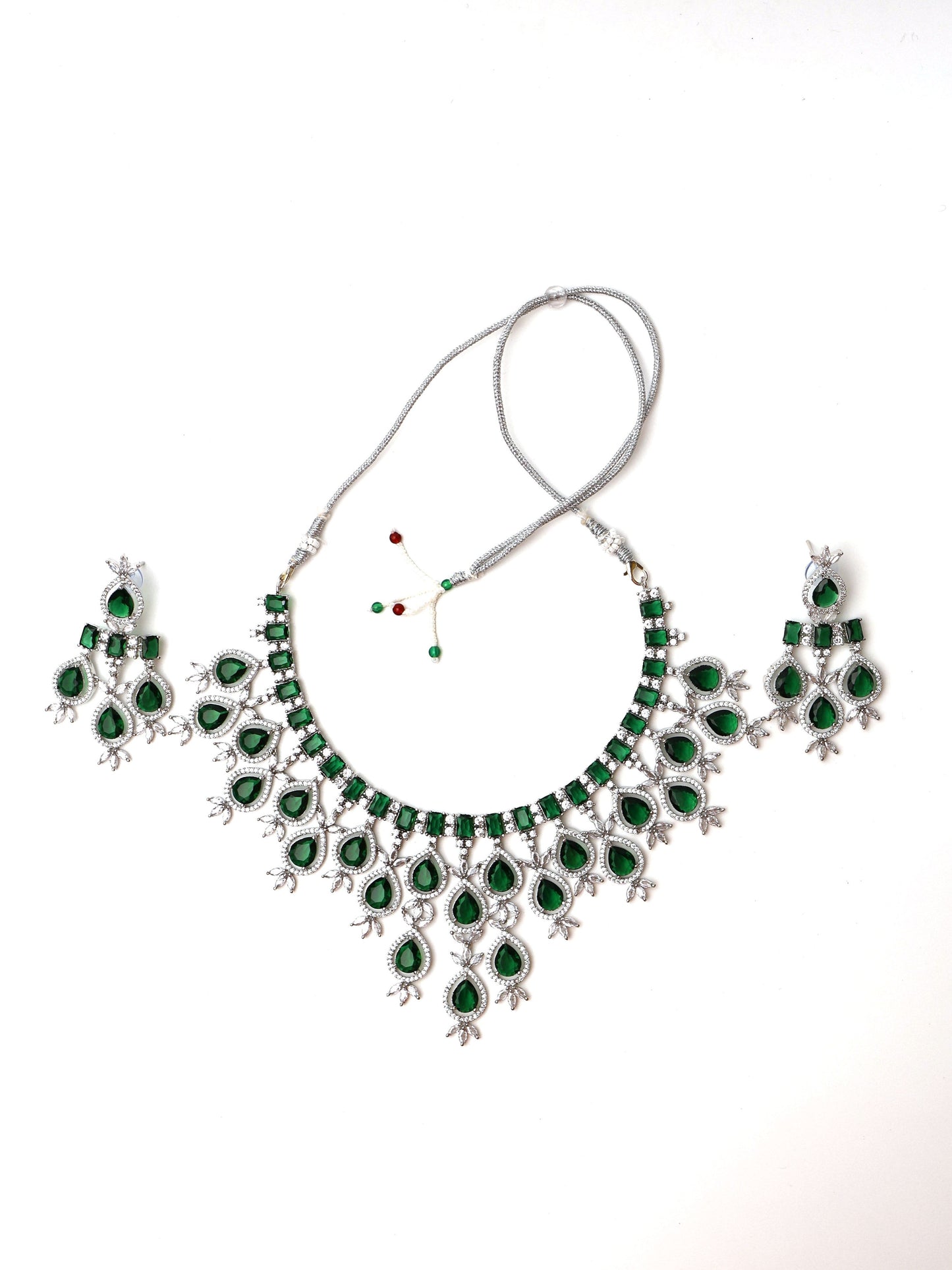 Green Stones Reverse AD Necklace Set with Earings