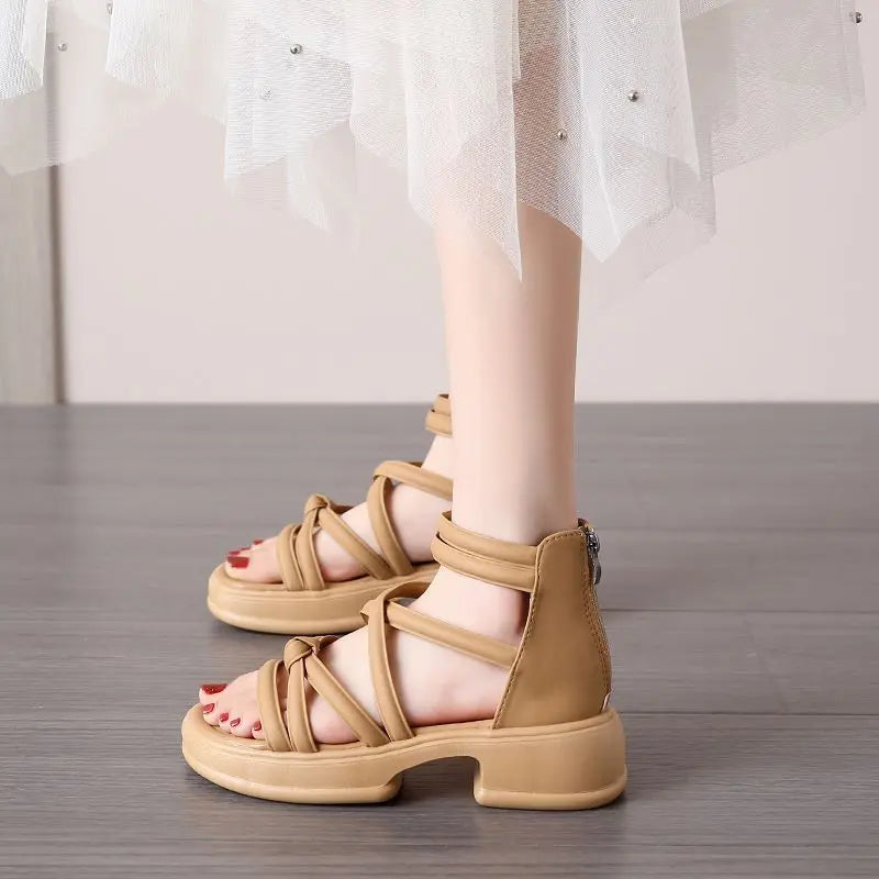 Thick Heel Women Sandals Women's New Hollow Open Toe Shoes Fashion Casual Sandals Female Designer Flat Roman Shoes Summer 2025