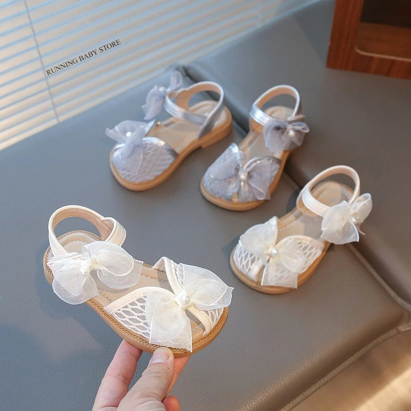 2025 Mesh Peep-toe Princess Shoes Girls Sandals with Tulle Butterfly-knot Summer Evening Wedding Party Bridesmaid Sandals I05292