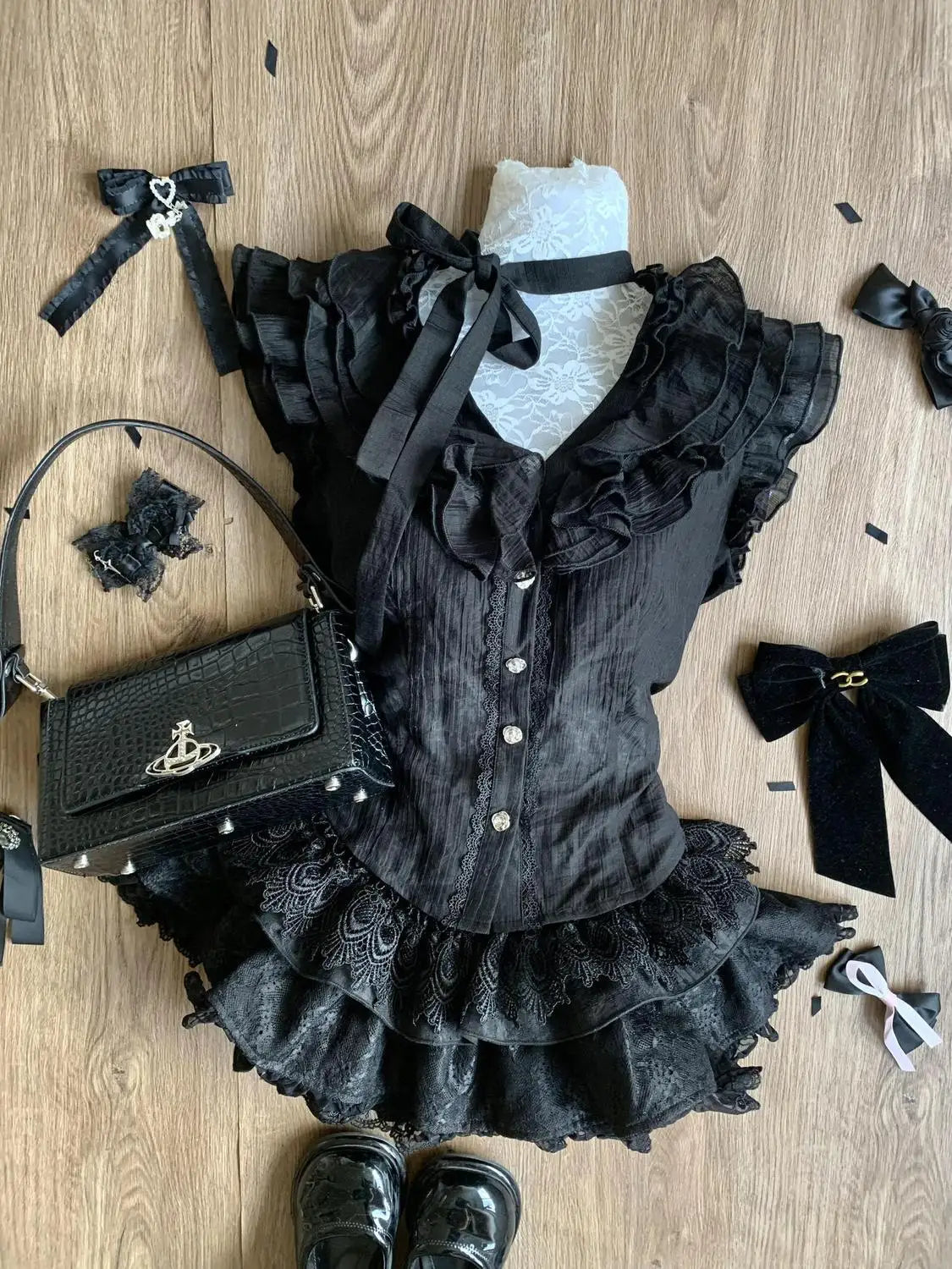 Japanese Subculture Gothic Black 2 Piece Set Women Ruffle Design Top + Mini Cake Skirt New Vintage Slim Sweet JK Y2K Outfits