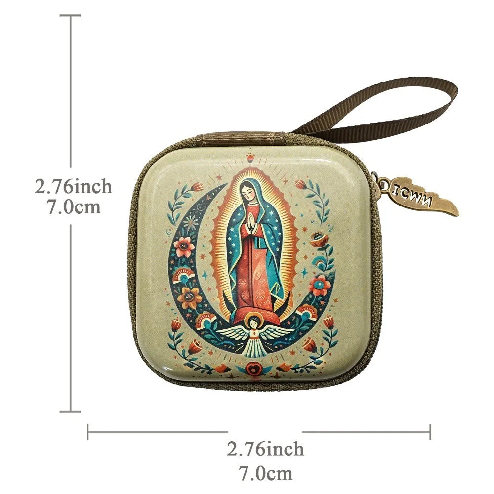 Portable Virgin Mary Prayer Rosary Storage Bag 7x7cm Zippered Religious Articles Cartoon Elegant Prayer Kit Devotees