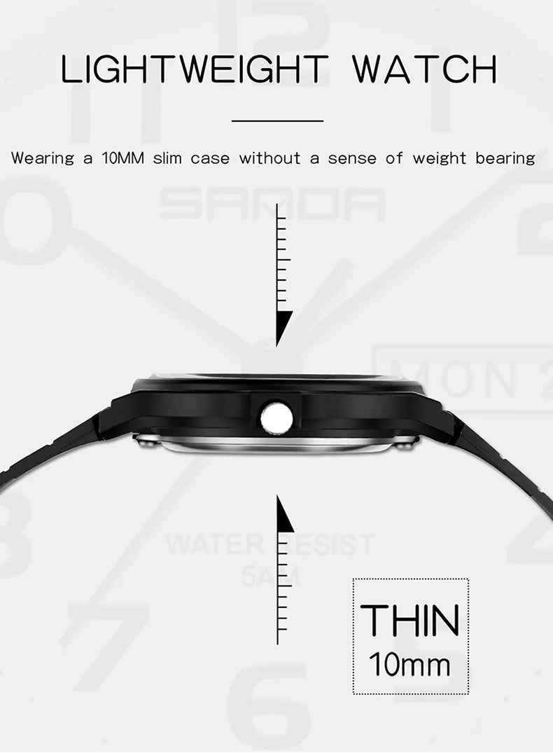 SANDA 9072 Fashion Students Quartz Watch New Design Soft TPU Strap Water Resistant Outdoor Sports Wrist Watches for Man