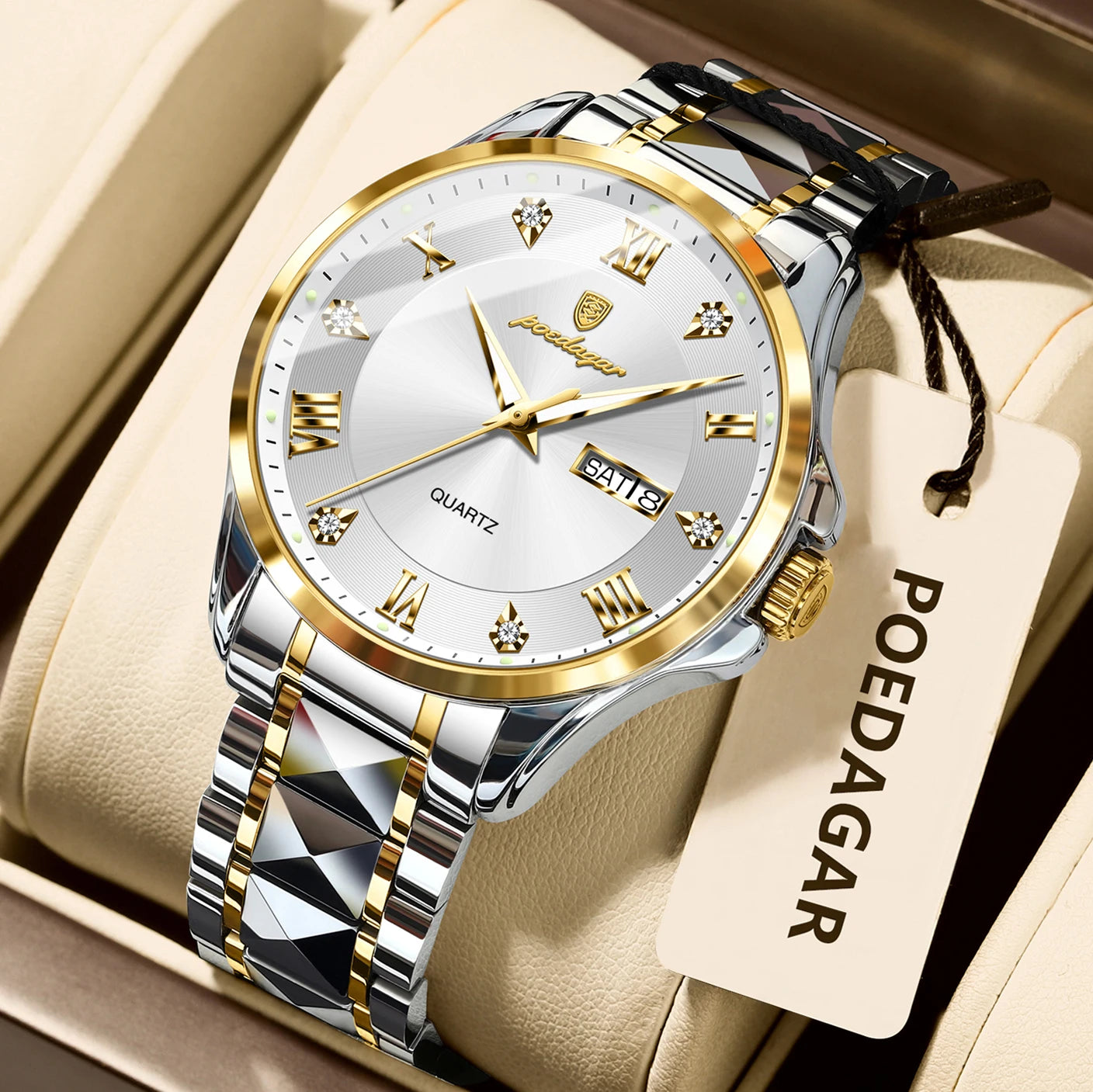 POEDAGAR Luxury Man Wristwatch Waterproof Luminous Date Week Men Clock Stainless Steel Business Men's Watches Quartz Male Reloj