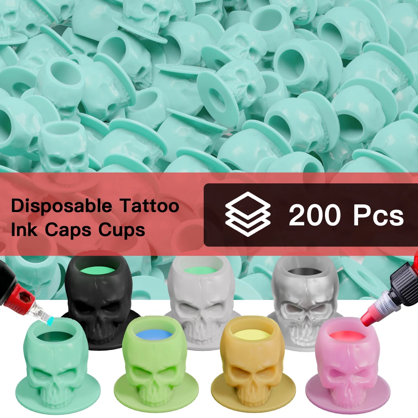 200Pcs Disposable Tattoo Silicone Skull Ink Cup Permanent Makeup Pigment Holder Container Cap Tattoo Ink Accessories for Artist