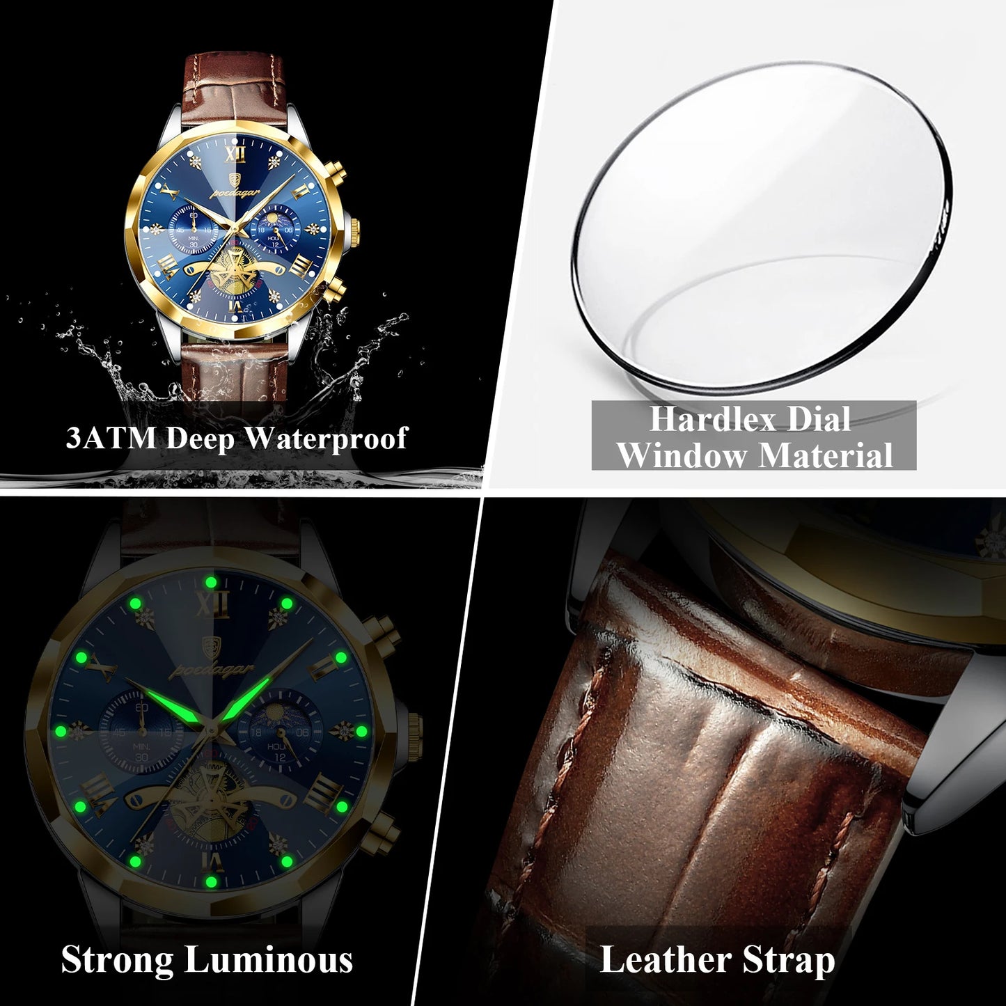 POEDAGAR Luxury Classic Men Clock Waterproof Luminous Chronograph Fashion Man Watch Leather Quartz Casual Business Men's Watches