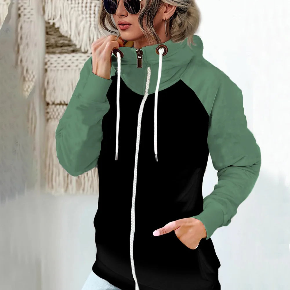 2025 Autumn Winter Women's High-neck Sweatshirt Casual Pocket Pile Collar Fleece Zipper Cardigan Color-blocking Velvet Coat