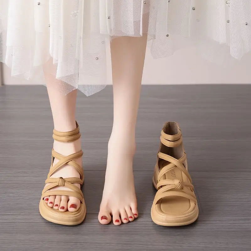 Thick Heel Women Sandals Women's New Hollow Open Toe Shoes Fashion Casual Sandals Female Designer Flat Roman Shoes Summer 2025