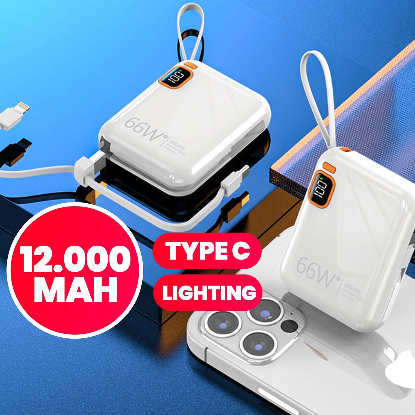 12000mAh Compact Power Bank Fast Charger With Integrated Cable Double Super Fast Recharge For Travel Day
