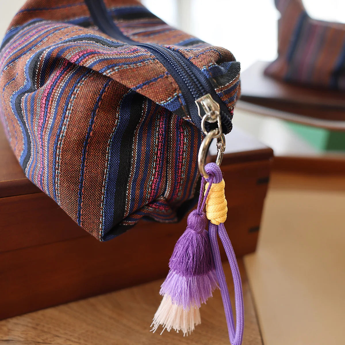 Colorful Striped Fringe Pendant Makeup Bag Ethnic-Style Women's Zipper Travel Portable Storage Pouch Inner Liner Bag Clutch