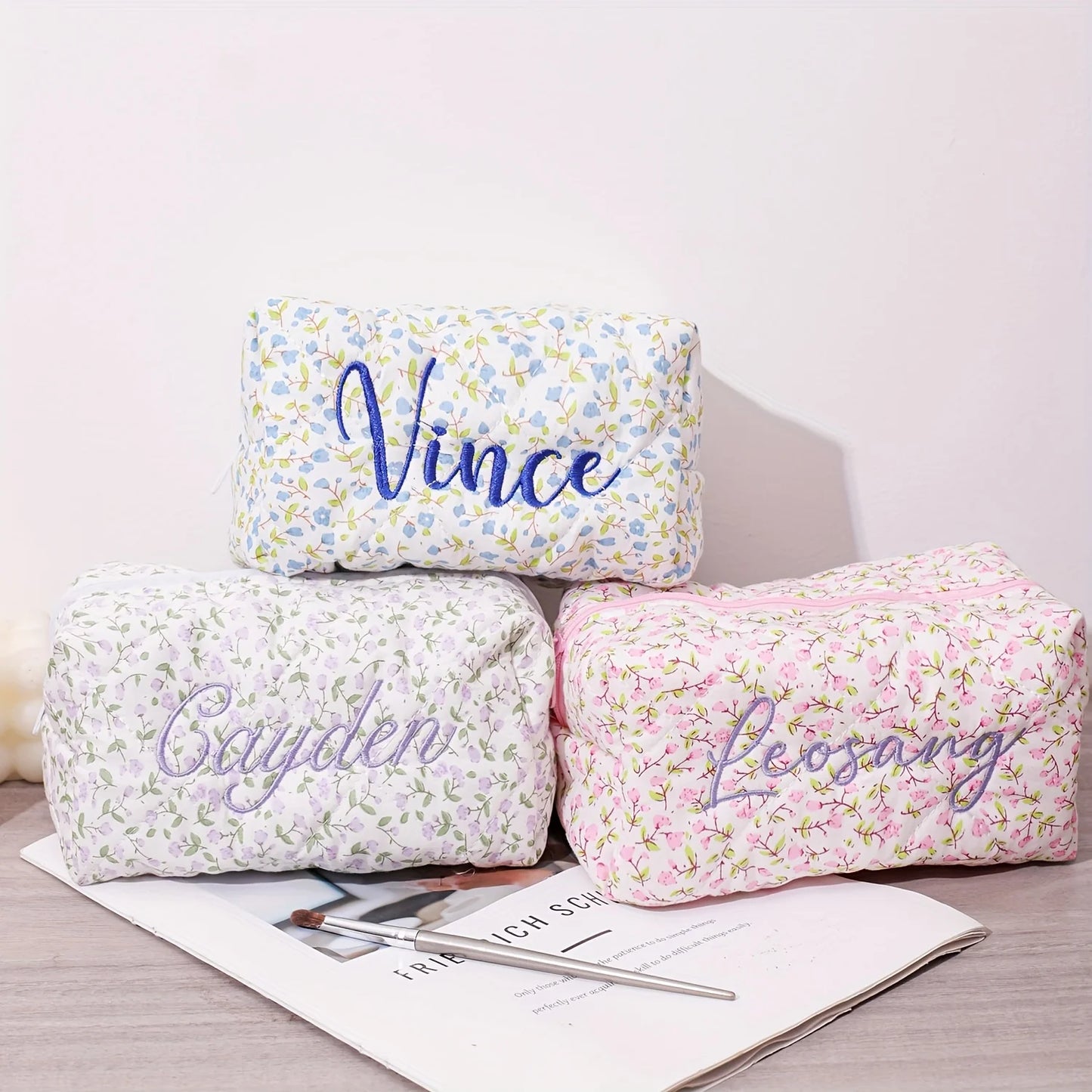Custom Name Floral Makeup Pouch Embroidered Featuring a Floral Design Wash Bag, Travel Cosmetic Bag Suitable for Bridesmaid Gift