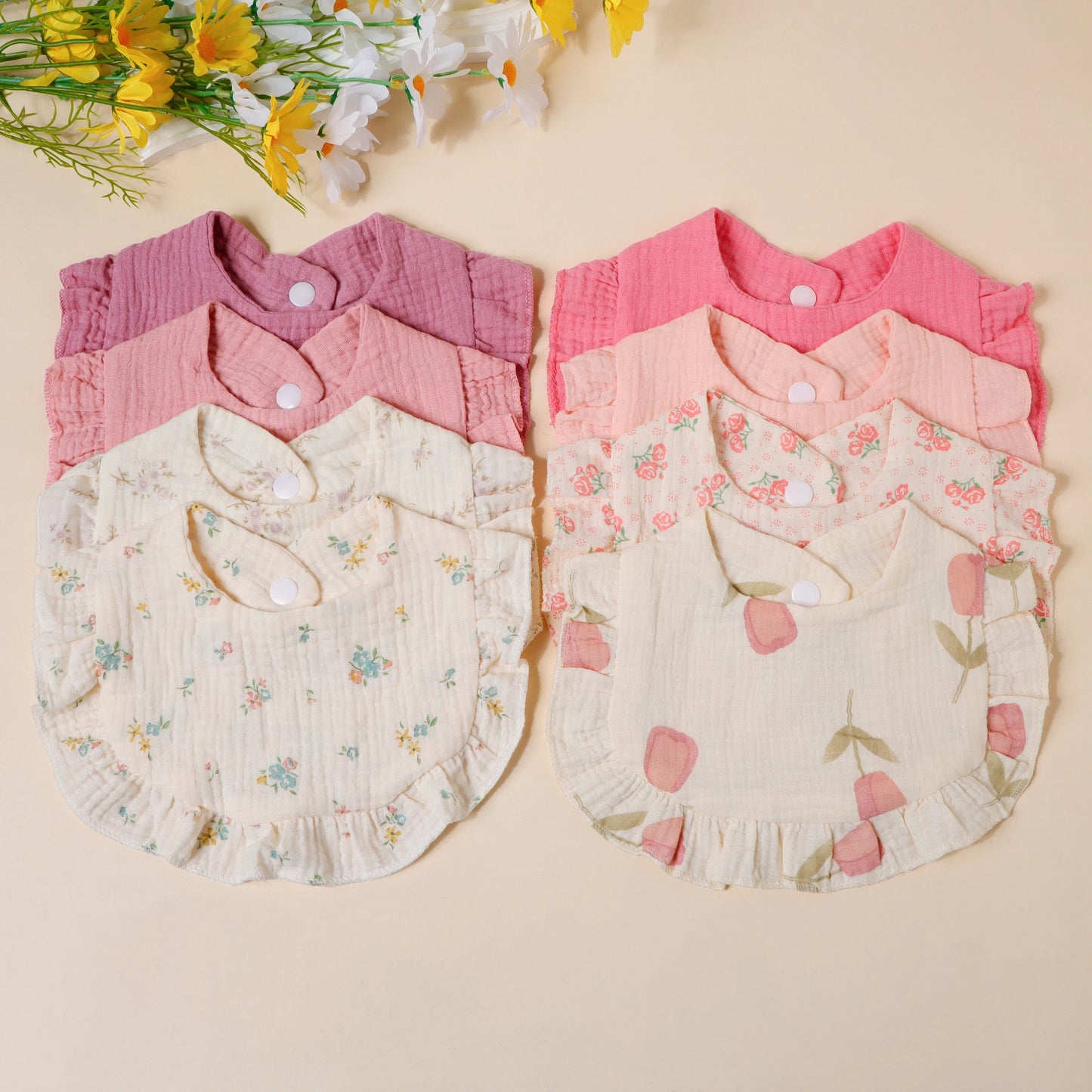 4pcs/set Children Bib Set Cotton Muslin Toddler Baby Comfort Saliva Color Dorp Shape Towel Solid With Button Kid Bibs