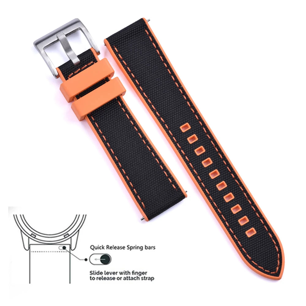 High Quality FKM Canvas Watch Strap 20mm 22mm Hybrid Fluoro Rubber Nylon Watchbands Quick Release For Each Brand Diving Watches