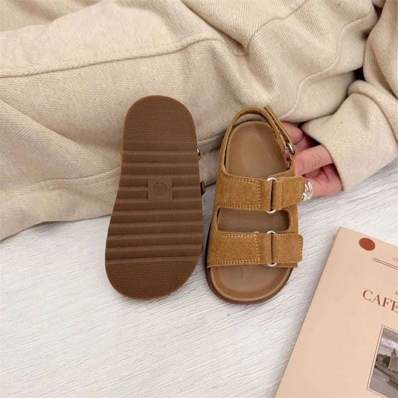2026 Spring Summer New Fashion Boys Girls Sandal Simple Solid Color Children's Suede Outdoors Non-slip Open Toe Beach Sandals