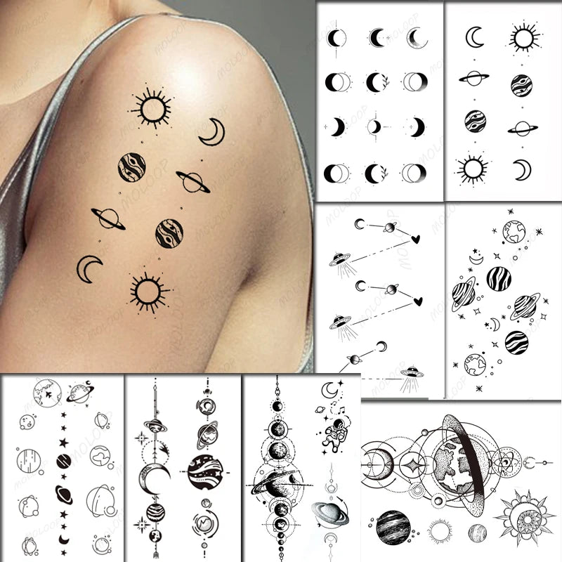 Tattoo Sticker Sun Moon Planet Temporary Waterproof  Flash Makeup Hand Arm Neck Fake Fake Body Art for Men Women