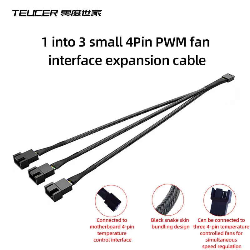 TEUCER 4-pin 1 to 4 Way PWM Fan Splitter Cable Cooled 1 to 2/3/4 Way Tap Sleeve Extension Braided Cable Extension fan connector