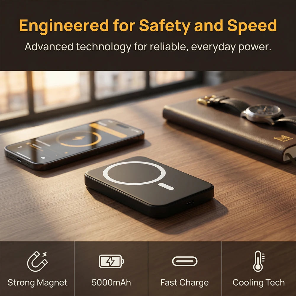 Compact and Portable Wireless Magnetic Power Bank with A 5000mAh Capacity. Small and Portable, Compatible with IPhone 15/14/13/12/Pro/Pro.