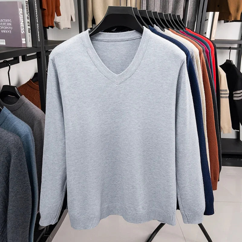 2026 Men's V-Neck Basic Solid Color Sweatshirt Warm Autumn Knitted Oversize Pullover Elastic round Neck Sweater for Casual Wear