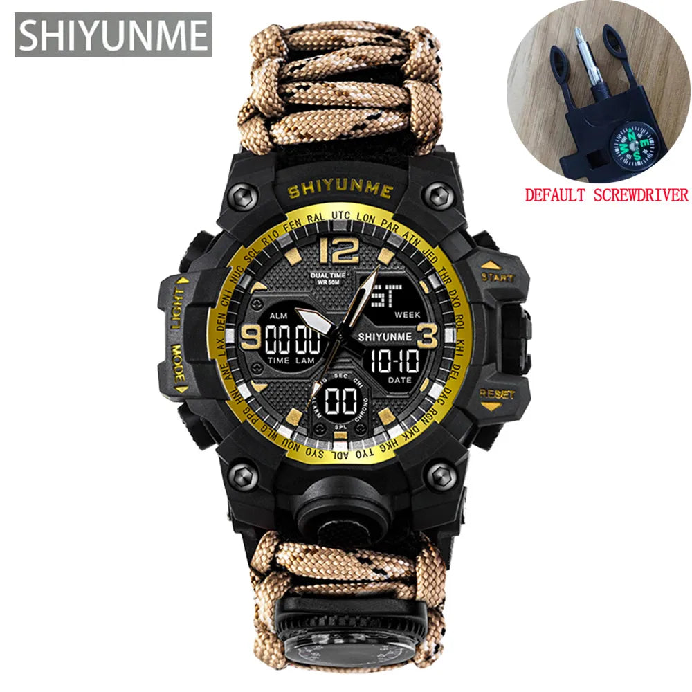 SHIYUNME Outdoor Men Military Quartz Watch Waterproof Multifunctional Survival Tactical Watch Compass Sport LED Digital Watches