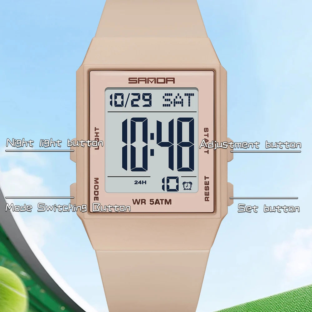 SANDA Woman Fashion Watches Fashion Sports Watch Silicone Strap 3ATM Waterproof Time Display Women's LED Digital Watch Gift