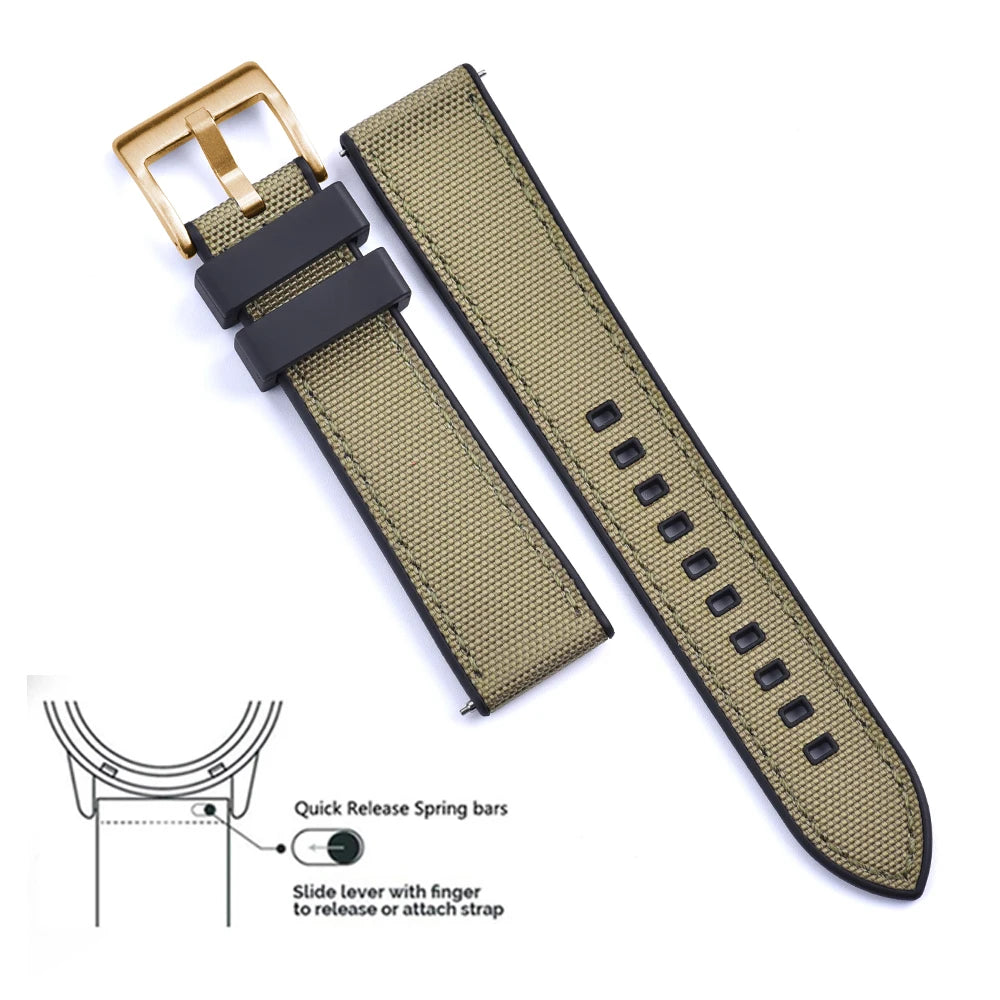 High Quality FKM Canvas Watch Strap 20mm 22mm Hybrid Fluoro Rubber Nylon Watchbands Quick Release For Each Brand Diving Watches