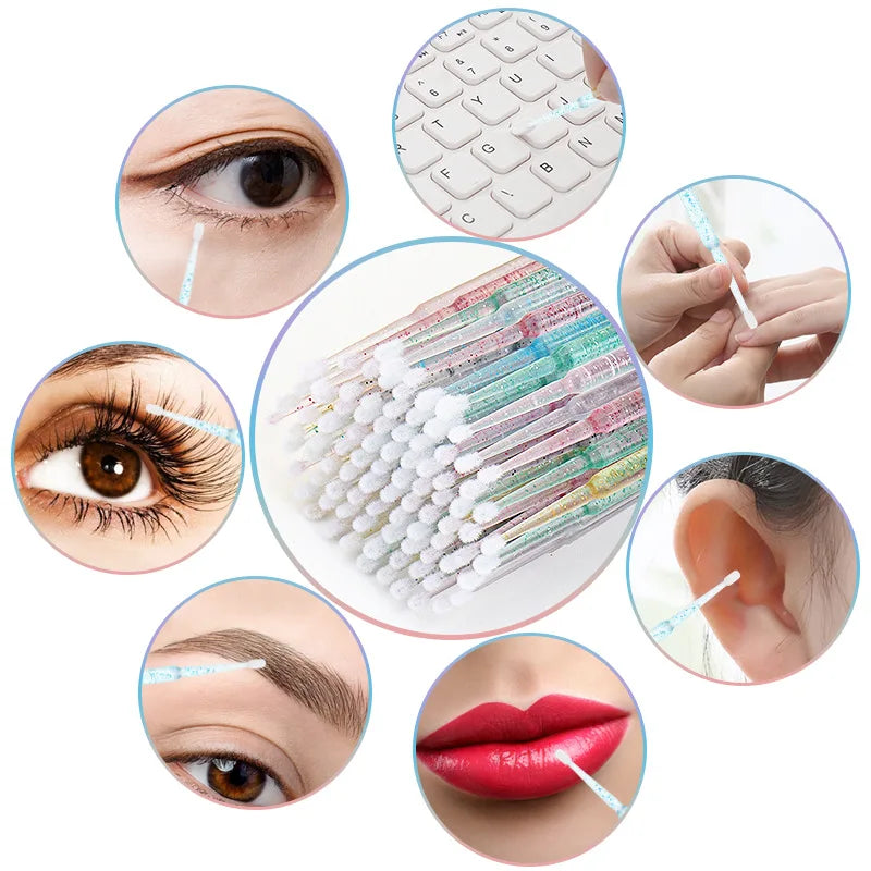 100Pcs Crystal Eyelash Cleaning Brush Lashes Extension Micro Cotton Swab Lash Removing Microbrush Beauty Makeup Tools