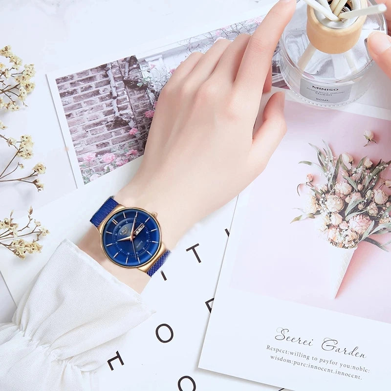 LIGE Women Watches Luxury Brand Ultra-thin Calendar Week Quartz Watch Ladies Mesh Stainless Steel Waterproof Gift reloj muje+Box