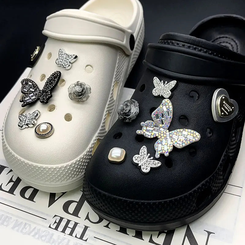 Sparkling Butterfly Flower Pearl Shoe Charms for Crocs Black White Set Clogs Pins Slipper Accessories Garden Sandals Girl Gift