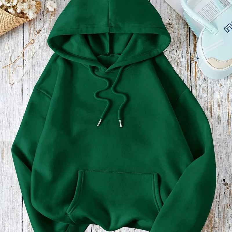Casual Street Sweatshirt, Women's Solid Color Pullover Hoodie, Sport Style, Adjustable Drawstring Hood and Kangaroo Pocket