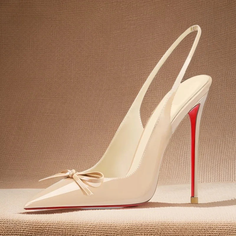 2025new black nude wine red patent leather pointed small bow back empty style plus size red bottom socialite high-heeled sandals