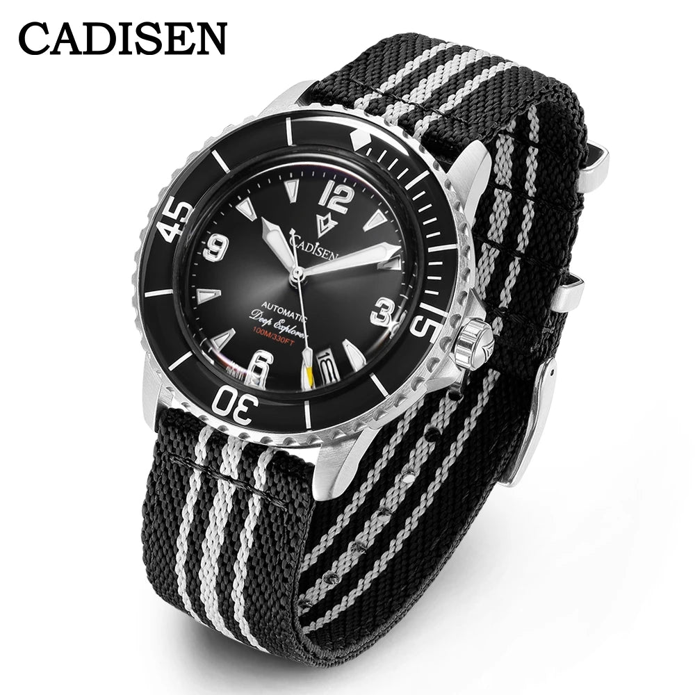 CADISEN Deep Explorer 2026 Green Automatic Mechanical Watch Man Canvas Strap Wristwatch 8215 Luxury Luminous Waterproof Watches