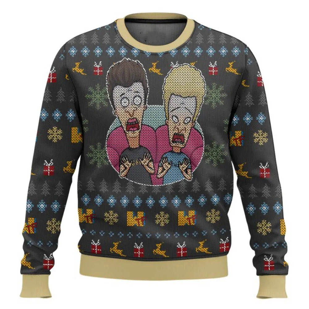 Xmas Rock Beavis and Butthead Ugly Christmas Sweater Cartoon Anime Women Men Pullover Tops New Fashion Couple Hoodie Sweatshirt