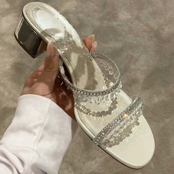 2024 Women's Summer New Rhinestone Strap Sandals Block Heel Crystal Open Toe Sandals Mid Heel