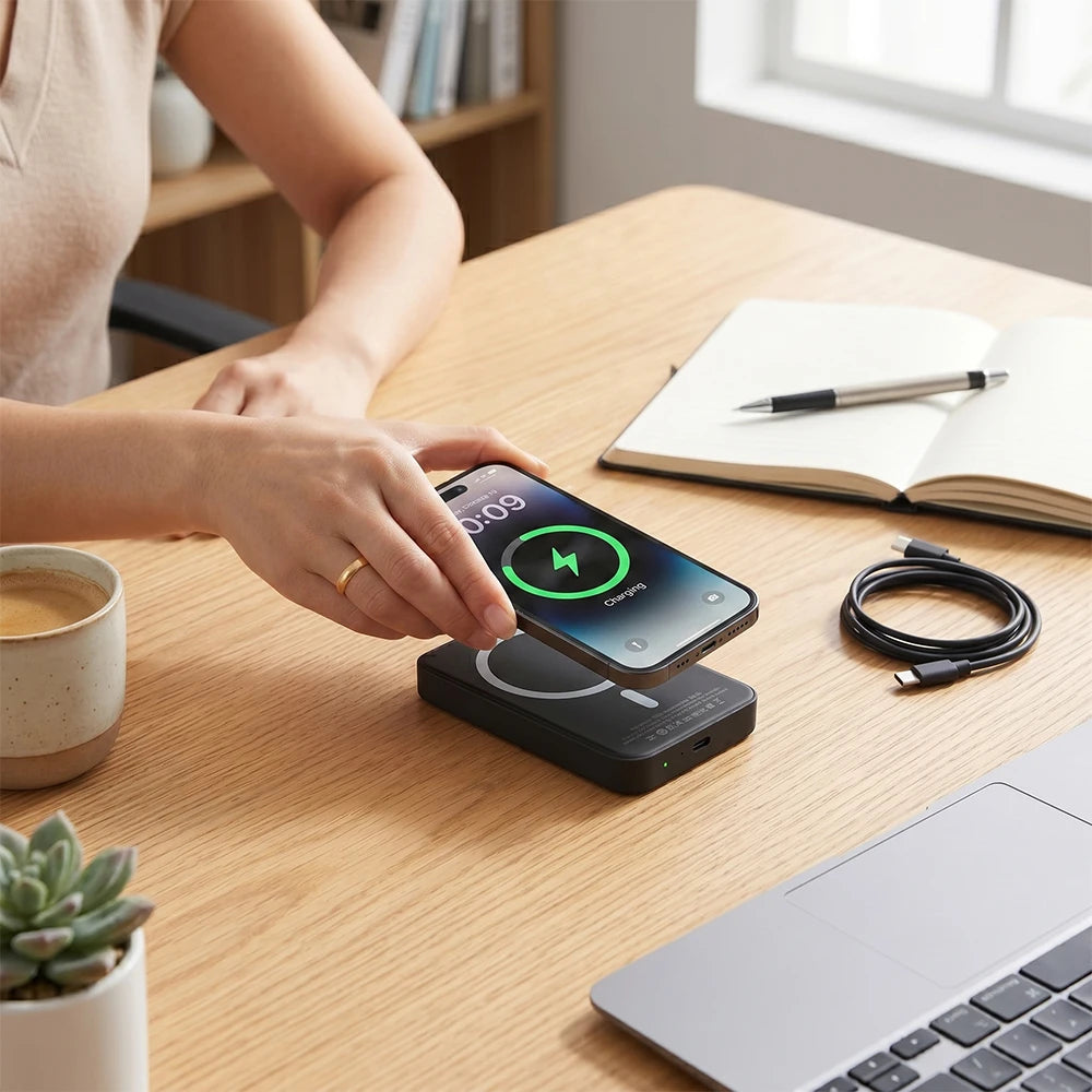 Compact and Portable Wireless Magnetic Power Bank with A 5000mAh Capacity. Small and Portable, Compatible with IPhone 15/14/13/12/Pro/Pro.