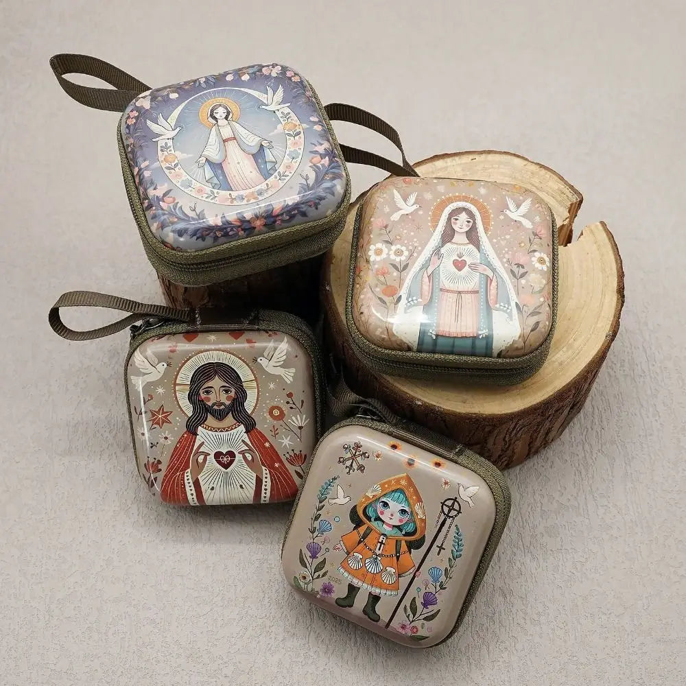 Portable Virgin Mary Prayer Rosary Storage Bag 7x7cm Zippered Religious Articles Cartoon Elegant Prayer Kit Devotees