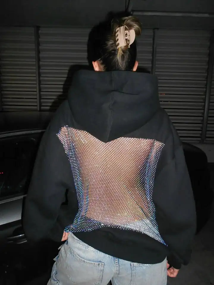 Russias Hot Selling Sexy Backless Sparkling Rhinestone Mesh Hoodie Y2K Womens Harajuku Fashion Oversized Hoodie Pullover Tops