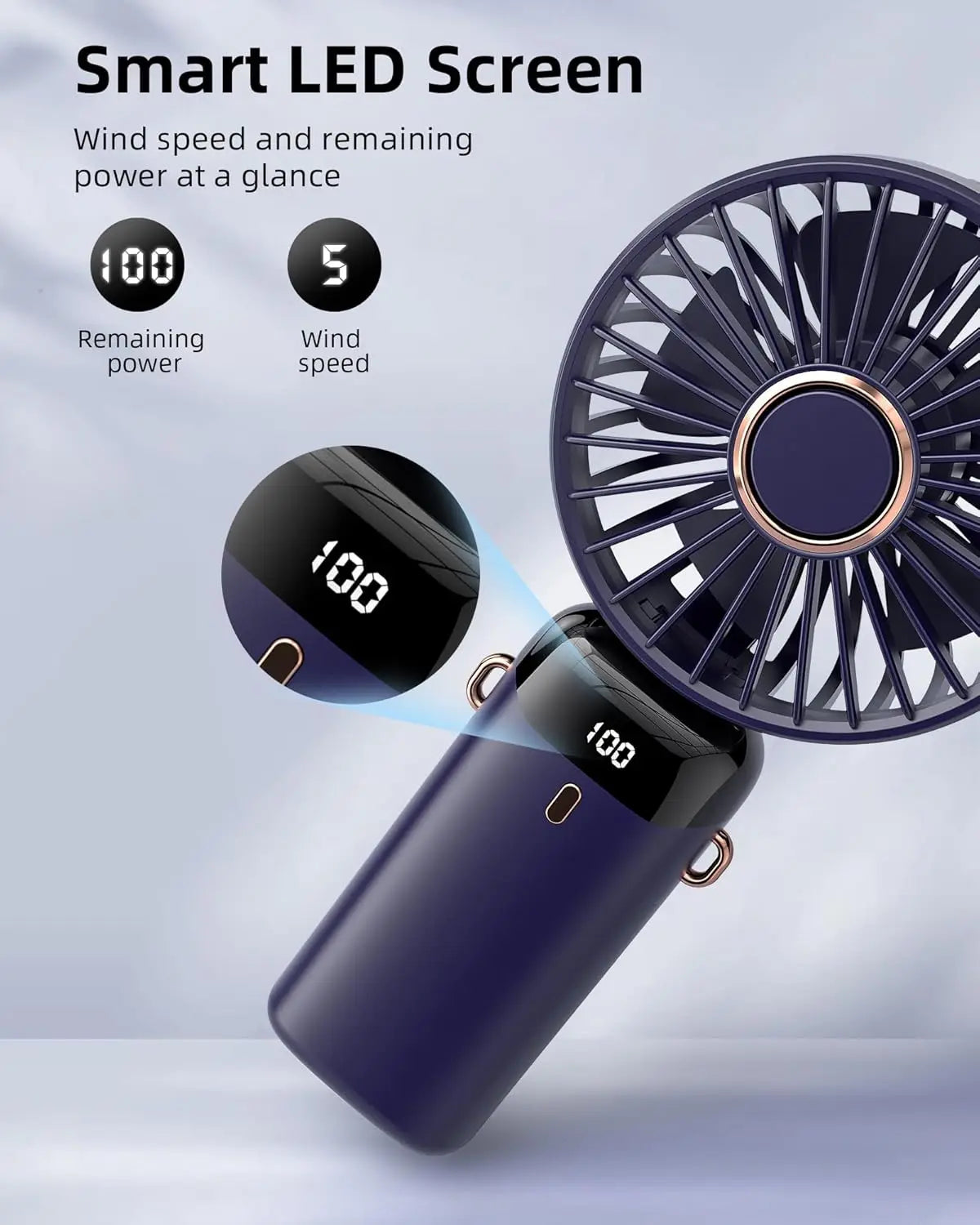 Portable Handheld Fan, Battery Operated Fan with Base, Digital Display, 5 Speeds, Rechargeable Mini Fan for Outdoor Indoor