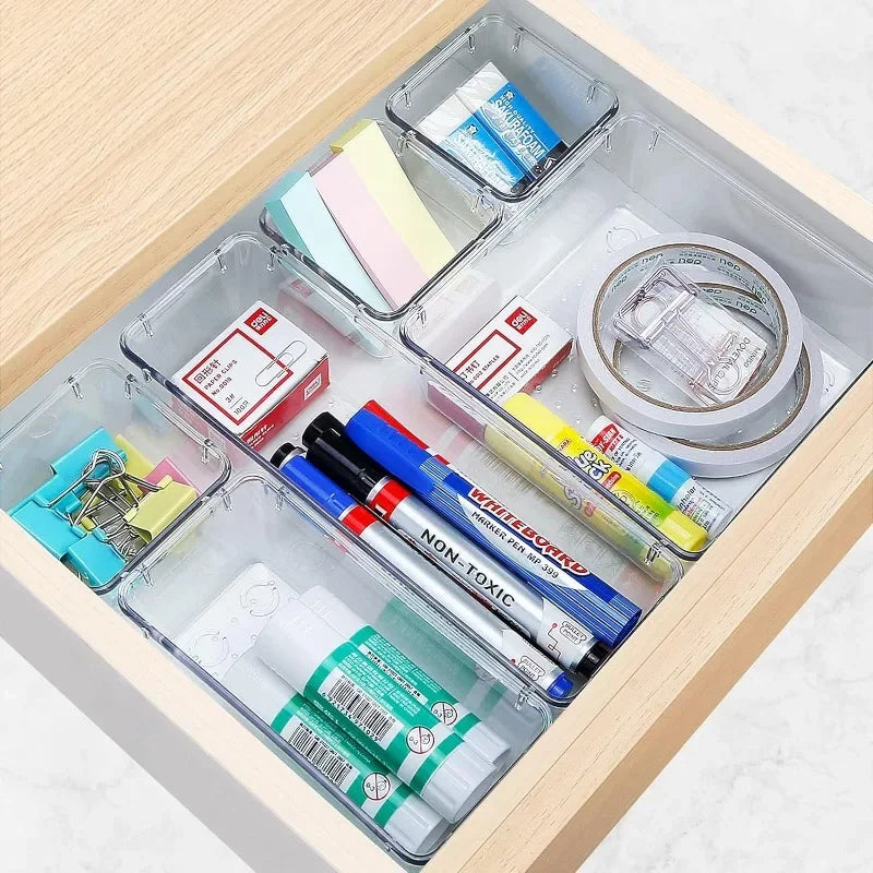 Clear Plastic Drawer Organizers 4 Sizes Makeup storage Bins Home Dresser Office Kitchen Drawer Separator sundries Organization