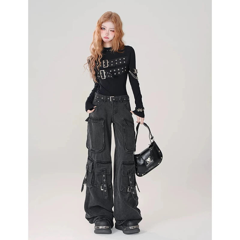 Women Y2k Japanese Streetwear Design Cargo Pants Denim Pants Long Trousers American Vintage Gyaru 2000s Aesthetic Grunge Jeans