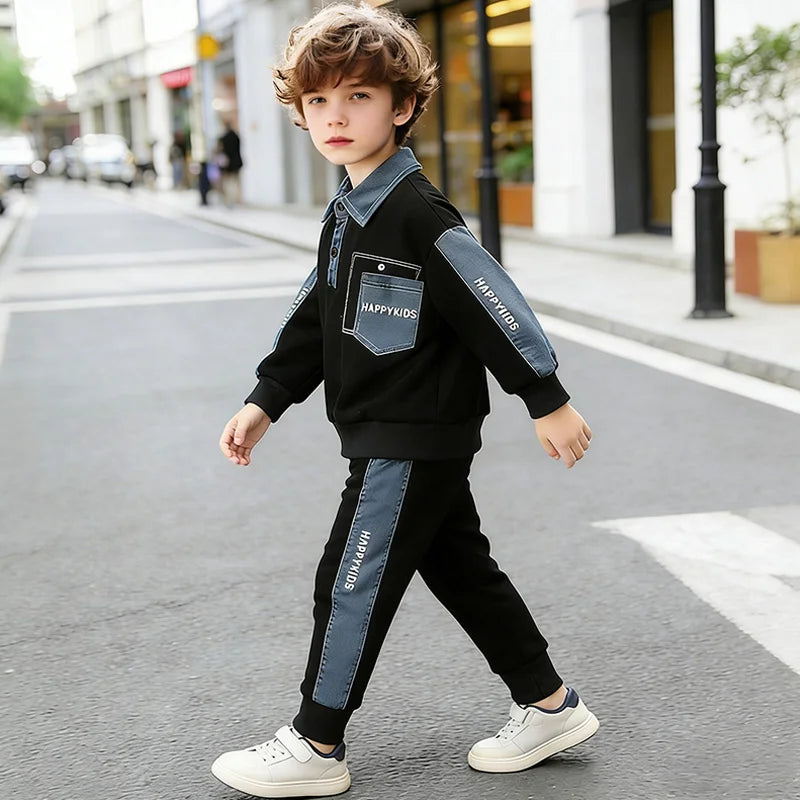 2026 Toddler Boys Clothes Set Spring Autumn Polo Collar Long Sleeve Sweatshirt Pants 2 Piece Outfits Kids Boys Casual Tracksuit