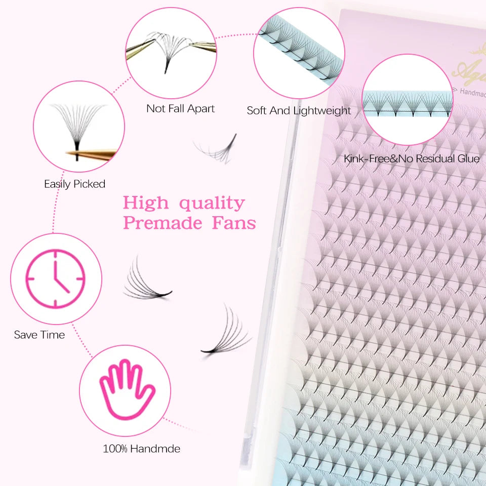 AGUUD Sharp Narrow Stem Premade Fans Eyelash Thin Pointy Base Russian Volume Fans Lash Premade Volume Fans Lashes Makeup Cilios