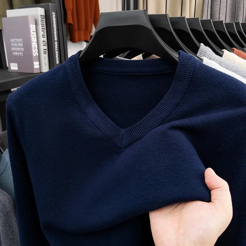 2026 Men's V-Neck Basic Solid Color Sweatshirt Warm Autumn Knitted Oversize Pullover Elastic round Neck Sweater for Casual Wear