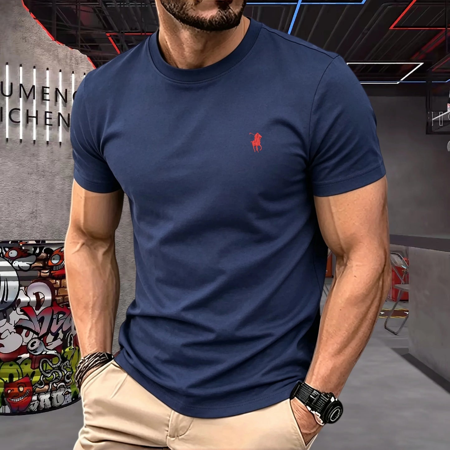 100% pure cotton 2026 high-end brand men's short sleeved round neck top summer fashion luxury pony embroidery top sports T-shirt