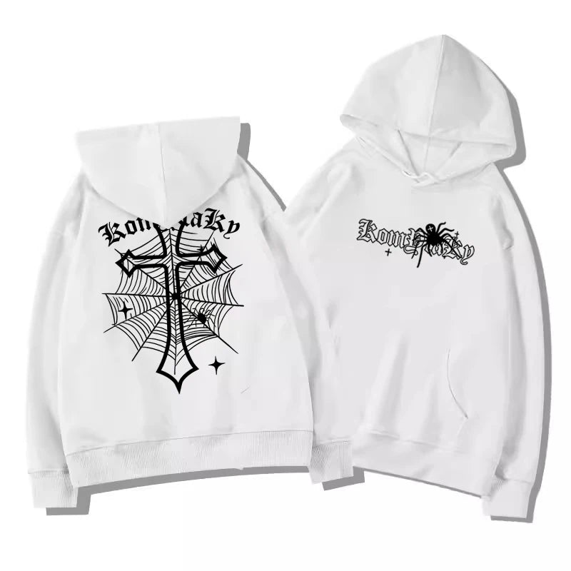 European American High Street Spider Cross Autumn Winter Fleece Warm Hooded Sweatshirt Casual Adult Men Versatile Soft Daily Use