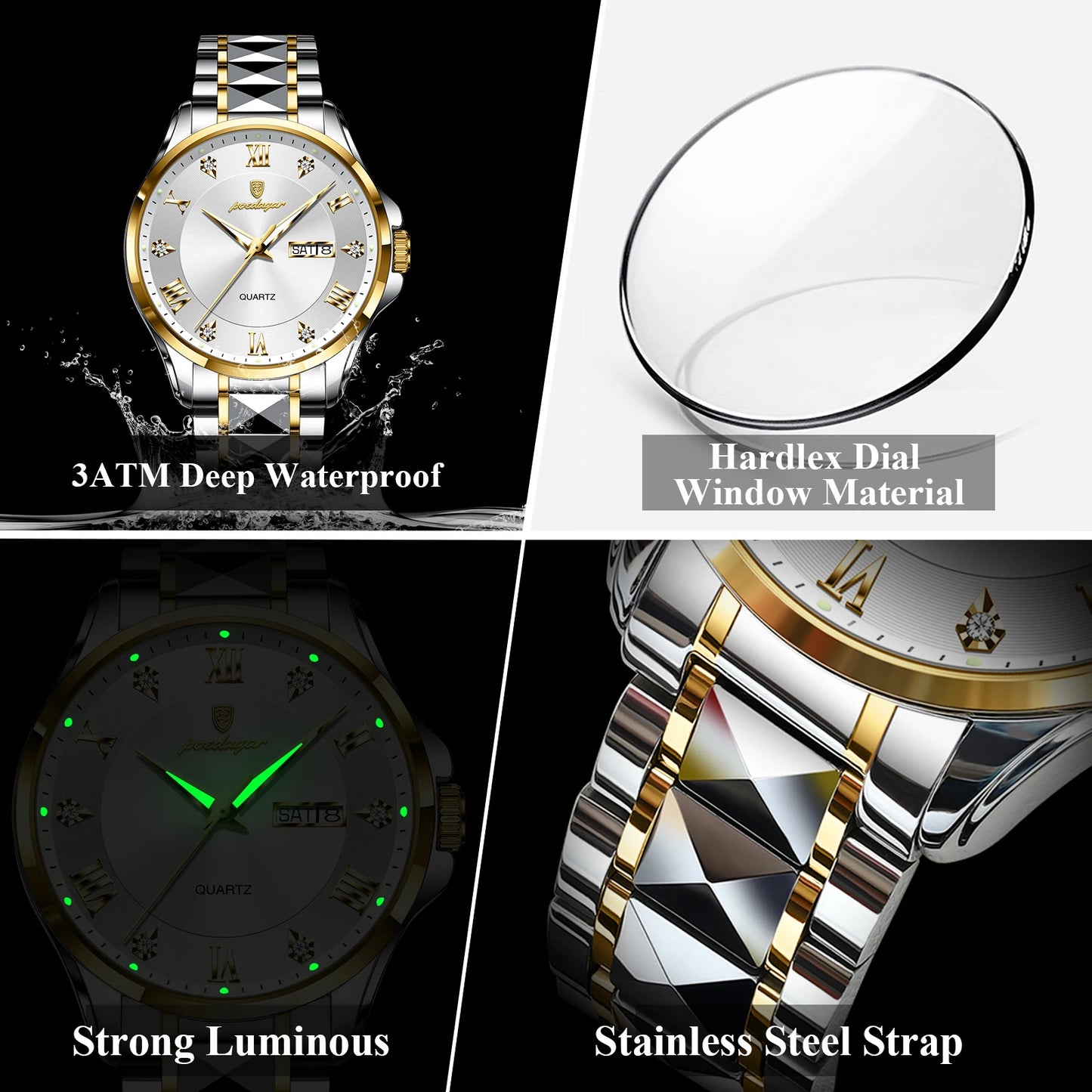 POEDAGAR Luxury Man Wristwatch Waterproof Luminous Date Week Men Clock Stainless Steel Business Men's Watches Quartz Male Reloj
