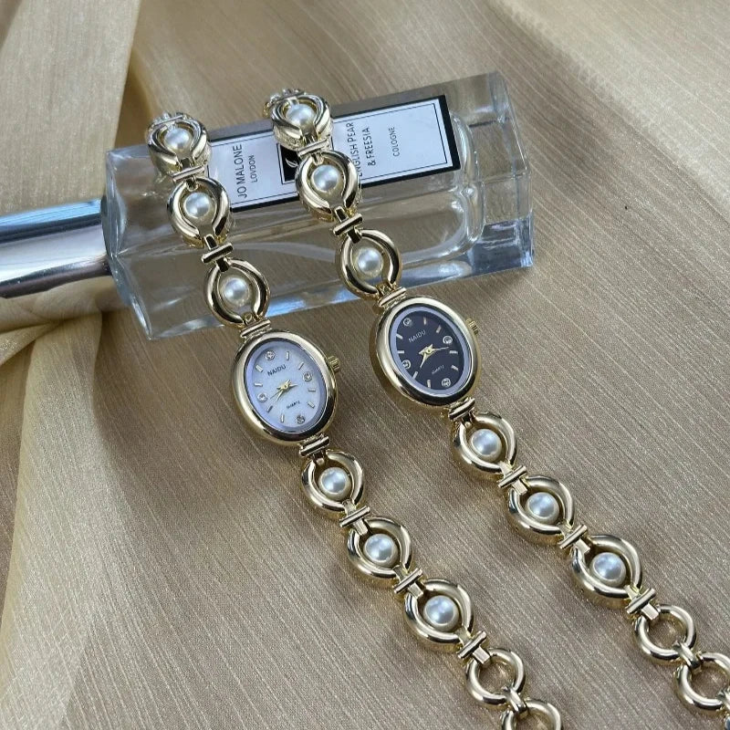 Fashion Women Watch Vintage Pearl Inlaid Strap Bracelet Watch Luxury Gift Ladies Quartz Watches Oval Dial Wristwatches
