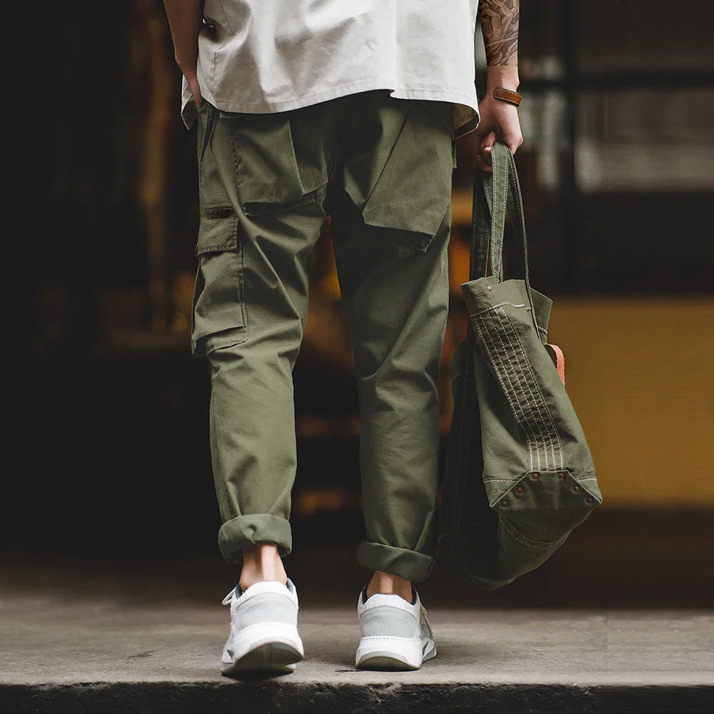 Maden 2023 Autumn Rhombus Cargo Pants Men's  Green Patch Pocket Trousers Uncle Fu 100% Cotton Casual Tactical Pants
